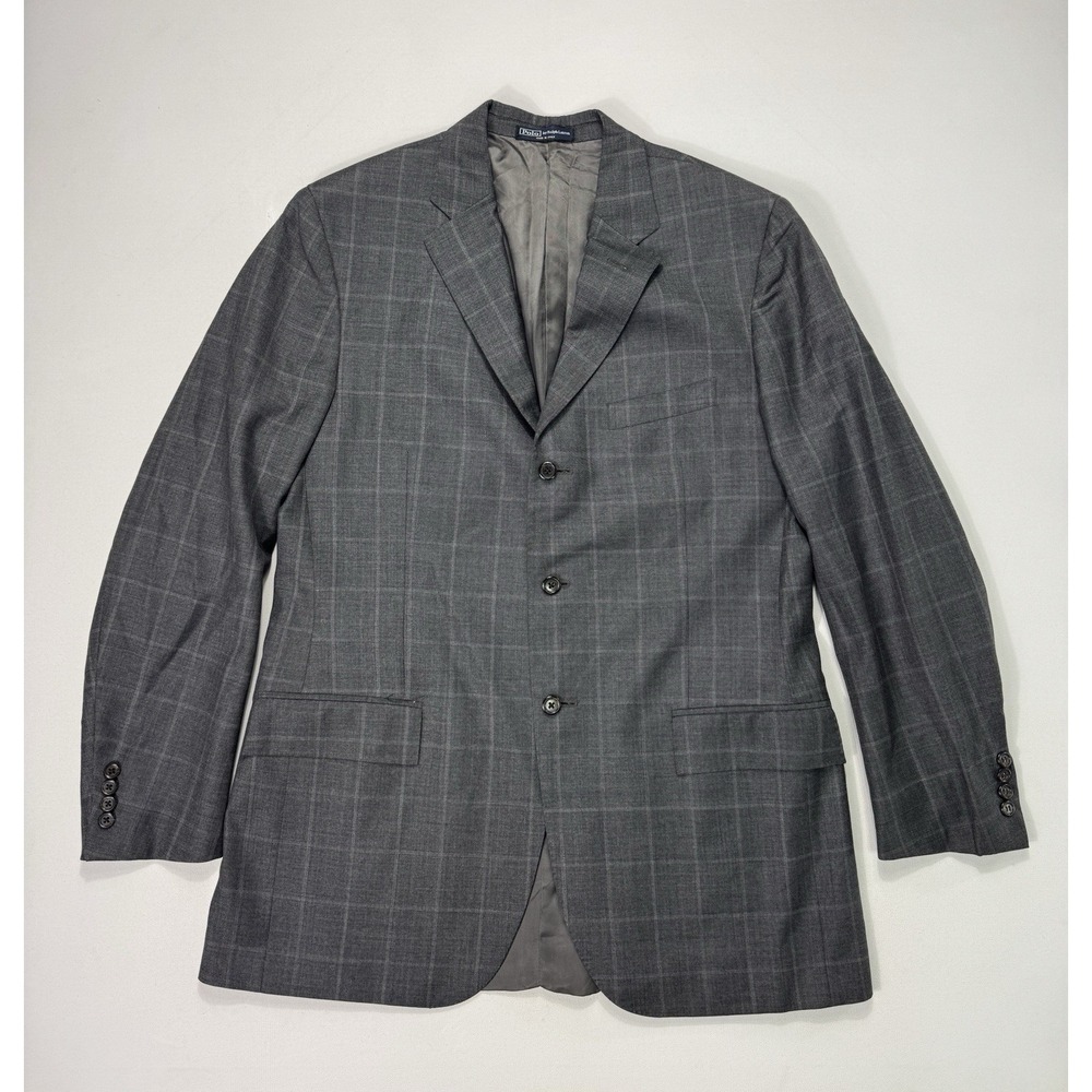 Polo Ralph Lauren Sport Coat Mens 42L Grey Windowpane Wool Blazer Italy Vintage
